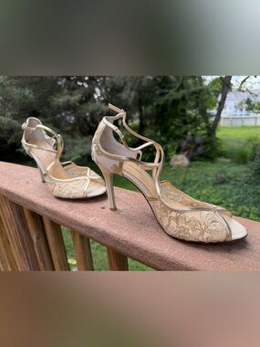 Bella Belle Ivory Gold Floral Lace Strappy Bridal Heels